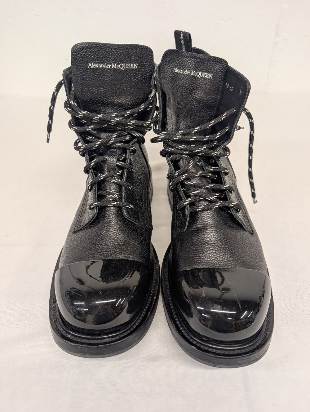 Alexander McQueen Black Leather Military Style Boots with Gloss Cap Toe
